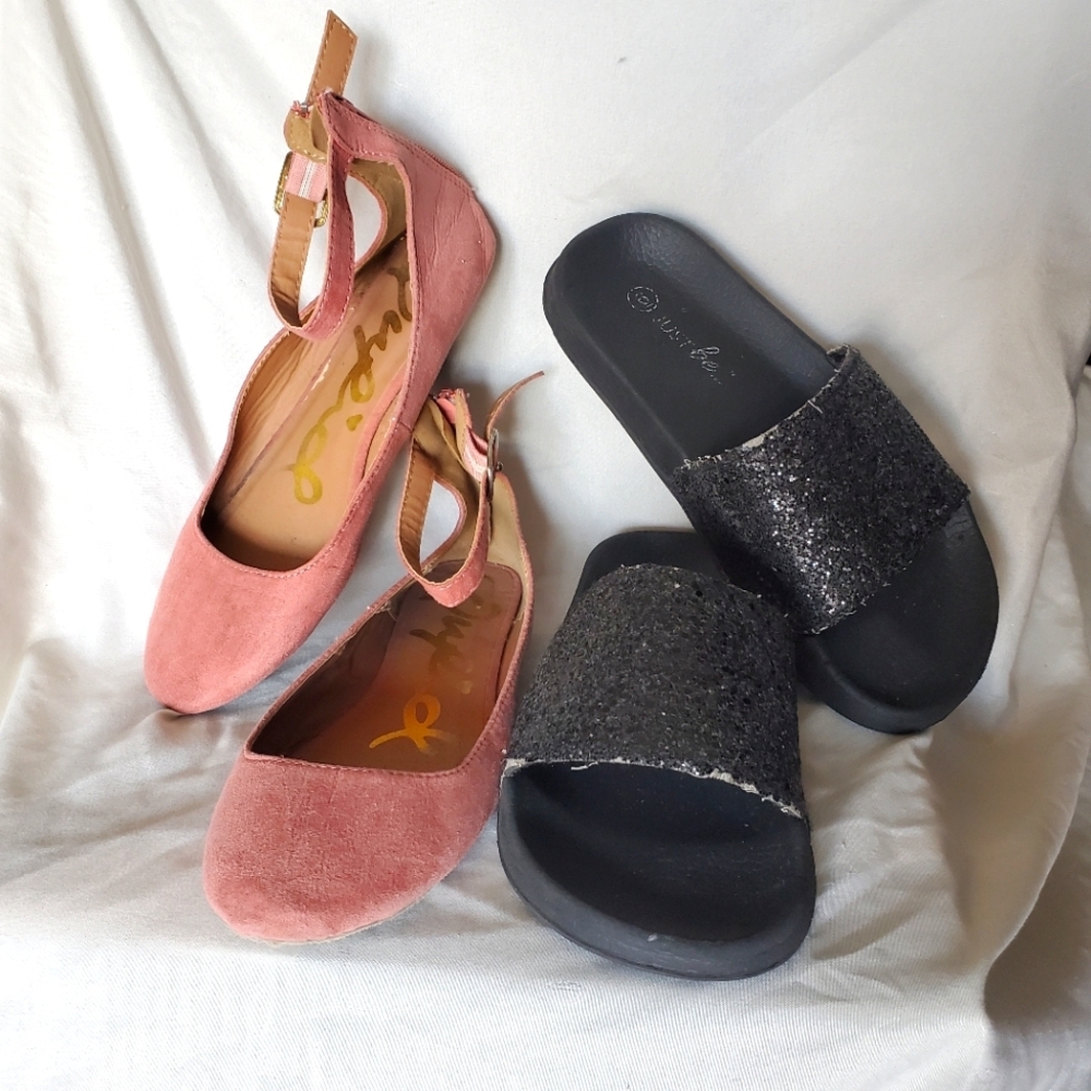 Qupid Girls Shoes Pink Babydoll Ballet Flats Just Be Black Slides Sandals Size 6